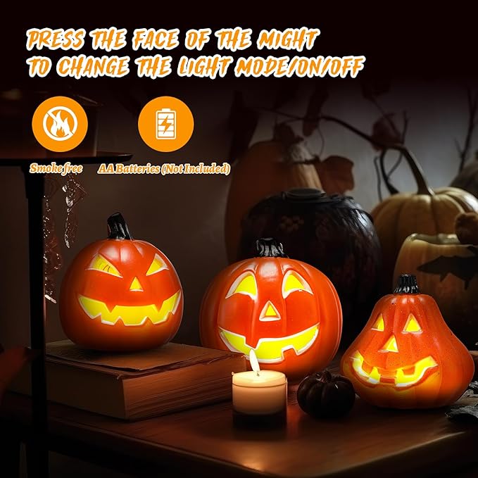 6 Pcs Halloween Pumpkin Lantern Set Light up Pumpkin Lamp LED Light Orange Halloween Decoration for Porch Front Door Outdoor Party Holiday Supplies (Orange)