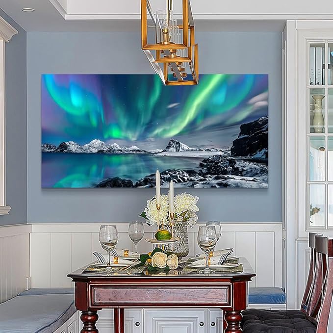 MHARTK66 Large Wall Decor For Living Room Canvas Wall Art For Bedroom Blue Aurora Scenery Painting Artwork Modern Canvas Art Prints Ready To Hang Office Pictures For Hotel Room Home Wall Decoration