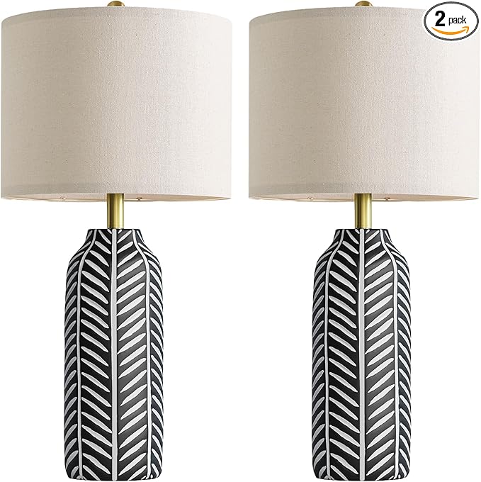 BOBOMOMO 26" Farmhouse Black Table Lamps Set of 2 – Rustic Resin Lamps with Vintage Leaf Pattern and Linen Shades, Black Bedside Lamps for Bedroom, Living Room, Office, Entryway, Console Table