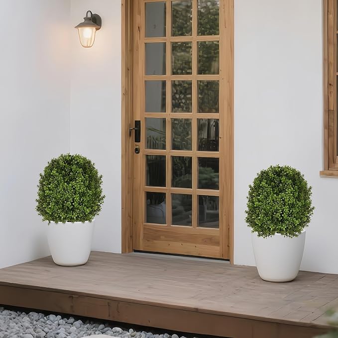 Artificial Boxwood Topiary Trees for Outdoors, 2 Pack Faux Topiary Ball Tree UV Resistant Fake Shrubs Evergreen Bush Plants for Front Porch Garden Yard Balcony Wedding Decor, 2 Led String Light