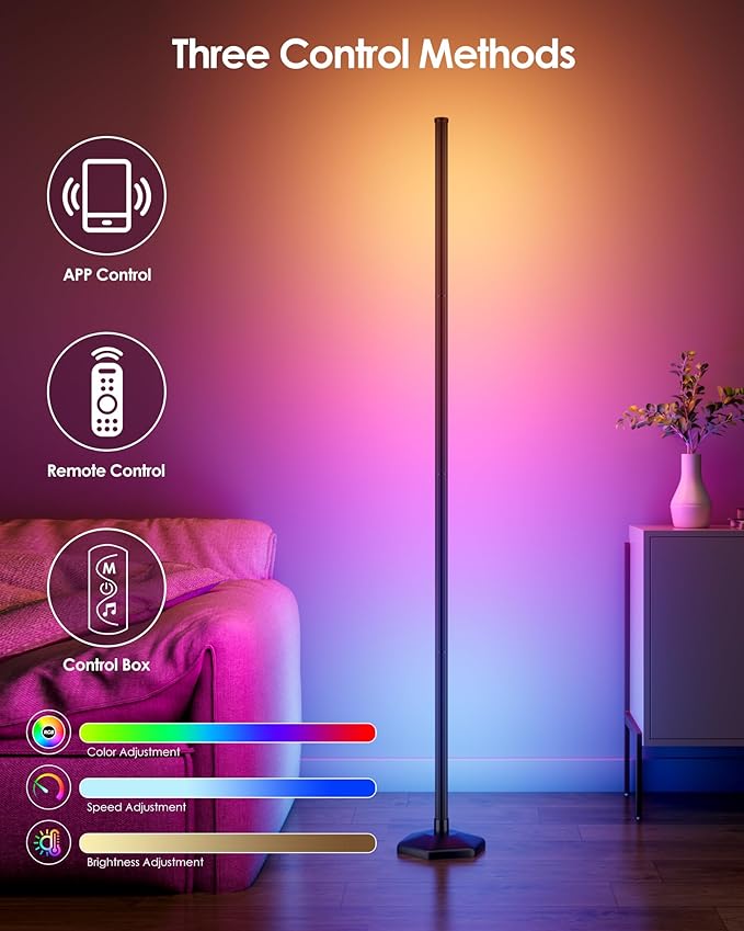Corner Floor Lamp, 65" RGB Color Changing Mood Light with Remote Control, Dimmable LED Corner Lamp with Music Sync, Modern Floor Lamp for Living Room Gaming Room