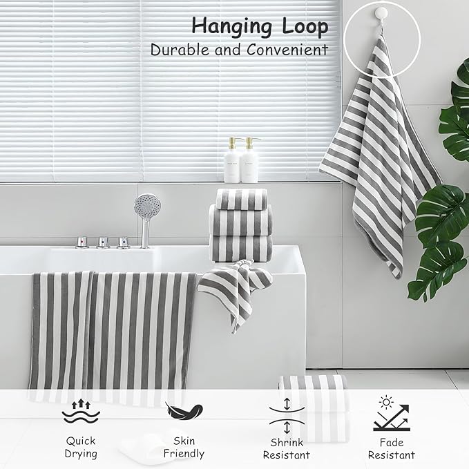 Oliven 18 Pcs Coffee Cabana Stripe Family Towels Set-6 Bath Sheets,6 Hand Towels,6 Washcloths Soft Jumbo Bathroom Towels Absorbent Shower Towel Quick Dry Beach Chair Towel Spa Gym Hotel Towel Set