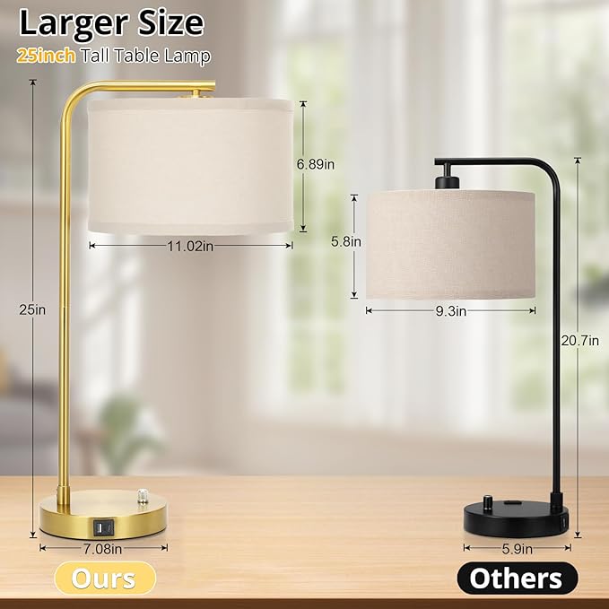 Fully Dimmable Bedside Lamp with C+A USB Ports, Mordern Gold Nightstand Lamp Desk Reading Lamp with Beige Drum Shade, Tall Side Table Lamp for Living Room Bedroom Office, 9W LED Bulb Included