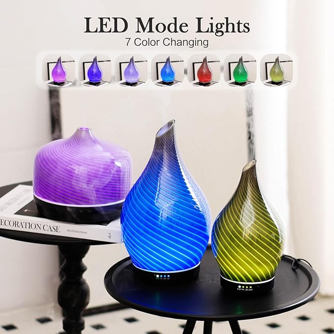 Porseme 280ml Essential Oil Diffuser Glass Color Changing Aroma Air Diffusers Aromatherapy Ultrasonic Cool Mist Humidifier 7 Running Hours Waterless Auto-Off for Sleeping, Yoga, Office (Pure Grey)