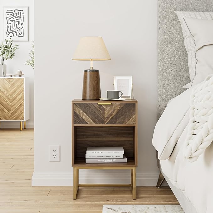 Masupu Nightstand,Modern Night Stand Boho Farmhouse Wood Bedside Table with Storage Drawer Side End Table for Bedroom,Living Room,Office,Walnut Brown