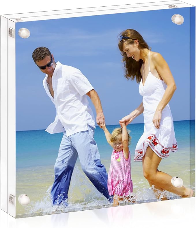 AMEITECH 4x4 Inch Acrylic Picture Frame, Clear Double Sided Block Acrylic Photo Frames, Desktop Frameless Magnetic Photo Frames