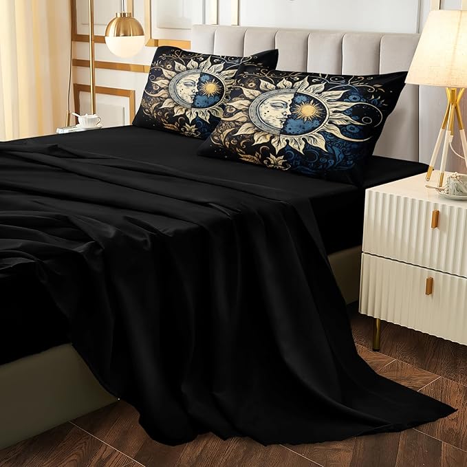 Sun and Moon Comforter Set Black Boho Bedding Set Celestial Galaxy Starry Space Bedding Comforter Mandala Exotic Black Bed in A Bag King Size
