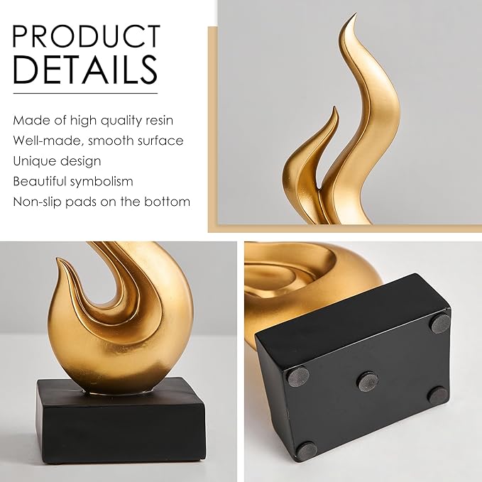 FJS Gold Decor Abstract Flame Statue, Modern Home Decorations for Living Room Dining Room, Resin Sculptures for Shelf Bookshelf Coffee Table Centerpiece