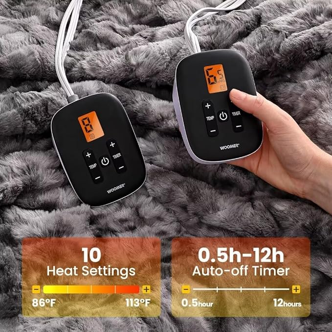 WOOMER Heated Blanket Queen Size, Dual Control, Electric Blanket 84"x 90", Double-Sided Faux Fur&Sherpa, Overheat Protection, 10 Heating Levels & 12H Auto Off, CPF, Home Office