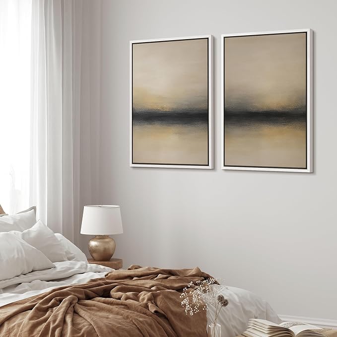 MUDECOR Framed Canvas Print Wall Art Abstract Sunset Horizon Modern Minimalist Beige and Black Illustrations Modern Art Decorative Bohemian Colorful for Living Room, Bedroom, Office - 24"x36"x2 White