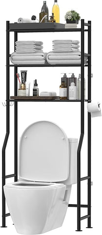 3-Tier Over The Toilet Storage, Freestanding Metal Bathroom Shelves with 4 Hooks, Over Toilet Storage Shelf with Paper Holder, Above The Toilet Shelf for Bathroom Storage, Black