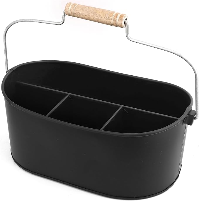 Alpha Living Home Heavy Duty Metal Alloy Utensil Holder for Kitchen, Silverware Caddy with Handle - Galvanized Flatware Organizer for Forks, Spoon, Knives, Picnic, Countertop & Dining Table (Black)