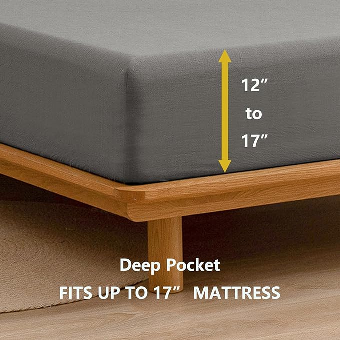 BESTOUCH Sheet Set 100% Washed Cotton Linen Feel Super Soft Comfortable Chic Lightweight 4 Pcs Home Bedding Set Solid Dark Grey Queen