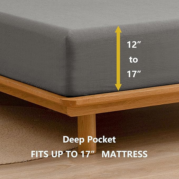 BESTOUCH Sheet Set 100% Washed Cotton Linen Feel Super Soft Comfortable Chic Lightweight 3 Pcs Home Bedding Set Solid Dark Grey Twin