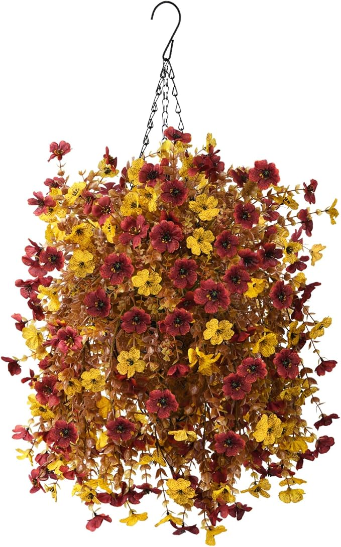 Artificial Faux Fall Hanging Flowers Plants Basket for Outdoor Decoration,Fake Silk Orange Mums planters UV Resistant Look Real for Home Porch Patio Yard Outside Autumn Decor (Brown)