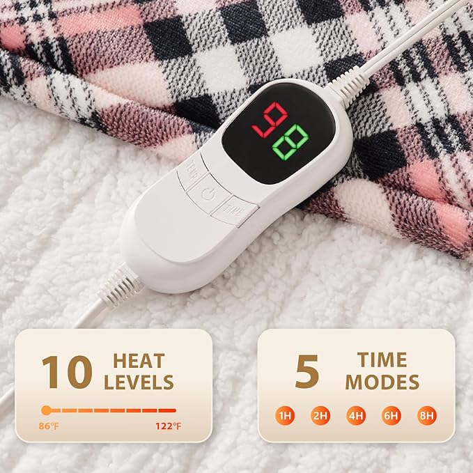 Homemate Electric Blanket Heated Throw - 50“x60“ Ultra Soft Cozy Flannel Heating Blanket with 10 Fast Heat Levels 8 Hours Auto Off Over-Heated Protection ETL Certification Keep Warm in Home Office