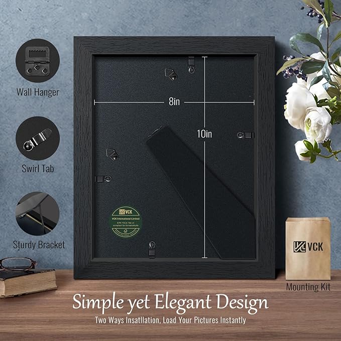 VCK 8x10 Picture Frame Set of 4 - Black, Gallery-Quality Wood Poster Frames, 1.1-Inch Wide Border, Polished Plexiglass, Vertical or Horizontal Wall & Tabletop Display for Photo/Art/Prints, Black