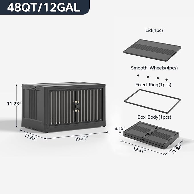 JONZEN 48Qt Stackable Storage Bins with Lid, 12GAL Collapsible Storage Bins with Wheels, Closet Organizer and Storage Drawer, Plastic Clothes Storage Cabinet Containers for Home Garage, 1Pack Black