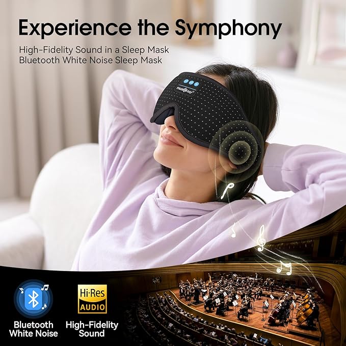 MUSICOZY White Noise Sleep Mask Headphones with 16 Soothing Sounds, Bluetooth Sleep Mask 3D Wireless Music Sleeping Headphones for Side Sleeper