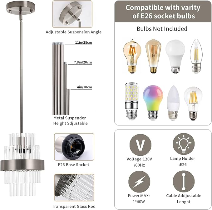 Modern Glass Pendant Light 7 Inch Brushed Nickel Island Light 2 Pack Ceiling Chandelier of Farmhouse Suitable for Pendant Lights Above Foyer, Hallway, Dining Table, and Washbasin