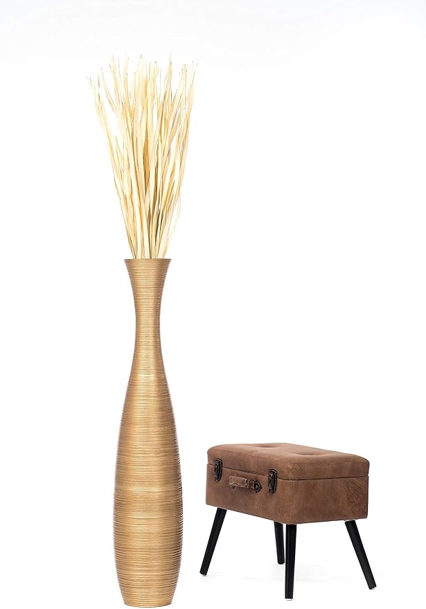 Leewadee Large Gold Home Decor Floor Vase – Wooden 41 inches Tall Farmhouse Decor Flower Holder for Fake Plant and Pampas Grass