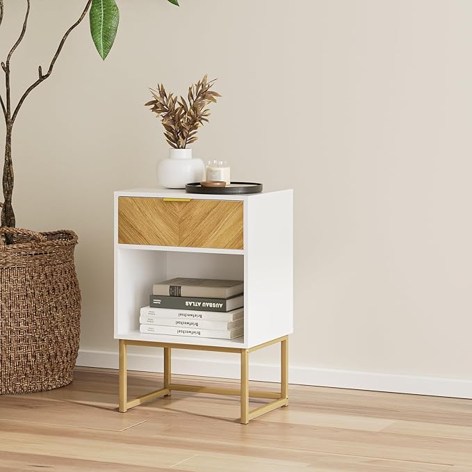 Masupu Nightstand,Modern Night Stand Boho Farmhouse Wood Bedside Table with Storage Drawer Side End Table for Bedroom,Living Room,Office,White