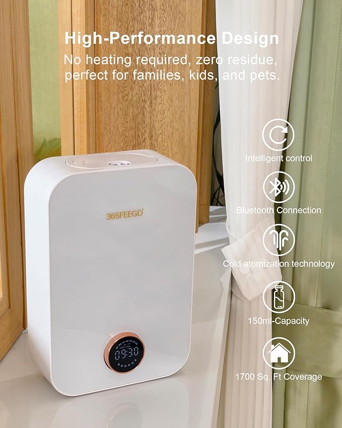 Home Diffuser|150ml Large Capacity Essential Oil Diffuser|Smart Bluetooth Controlled Pure Essential Oil Diffuser|24/7 Customizable Settings (White)