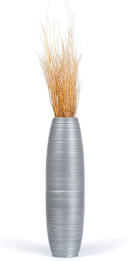 Leewadee Large Silver Home Decor Floor Vase – Wooden 34 inches Tall Farmhouse Decor Flower Holder for Fake Plant and Pampas Grass