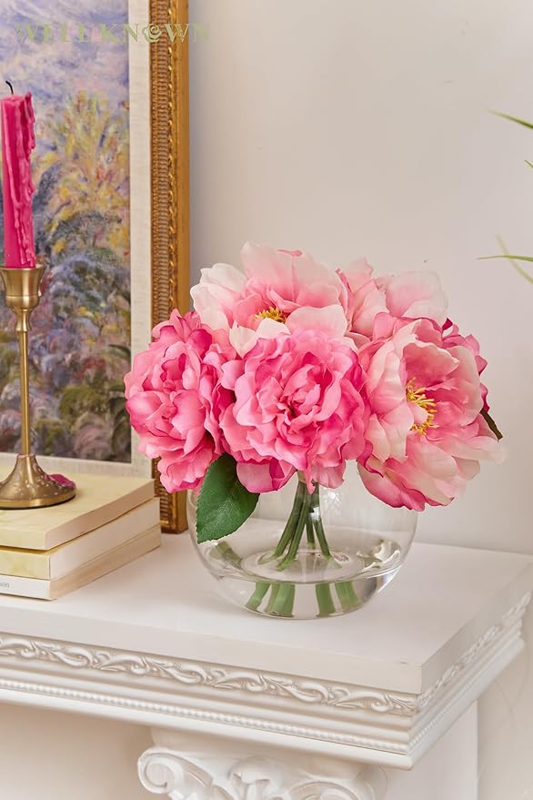 WELL KNOWN Artificial Flowers in Vase, Peonies Artificial Flowers for vase with Faux Water for Coffee Table Decor, Silk Fake Flower Arrangements Peonies Table Centerpieces (Peach Pink)