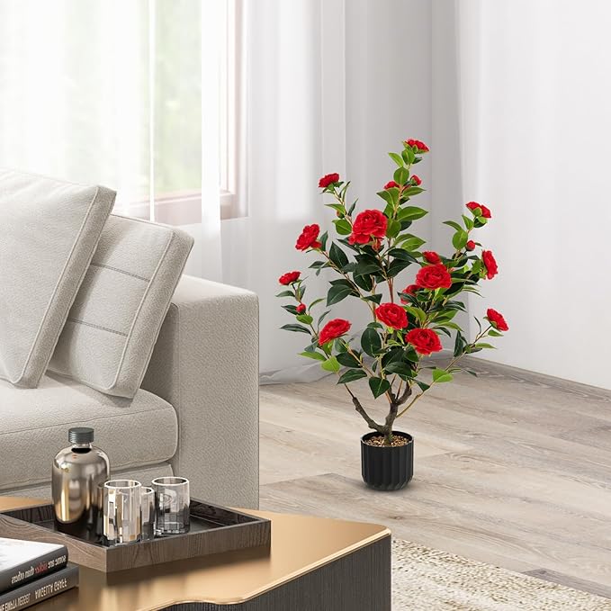 Goplus 38’’ Artificial Camellia Tree, 2 Pack Flower Plants Artificial Tree, Faux Floral Plant Blooming Tree in Cement Pot, Greenery Potted Plant for Indoor Outdoor Office Home Porch Decor