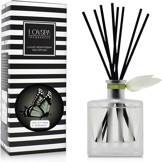 LOVSPA Reed Diffuser Set, English Pear & Bergamot Scented Oil Diffuser with Sticks, Home Fragrance Accessories for Bathroom Shelf Decor, Aroma Diffusers for Home or Office Desk, USA Made