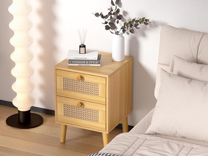 Rattan Nightstand,Boho and Wood Night Stand with Drawers,Bedside Rattan Table and Small nightstand,Natural Wood Nightstand for Bedroom,Oak (Oak)