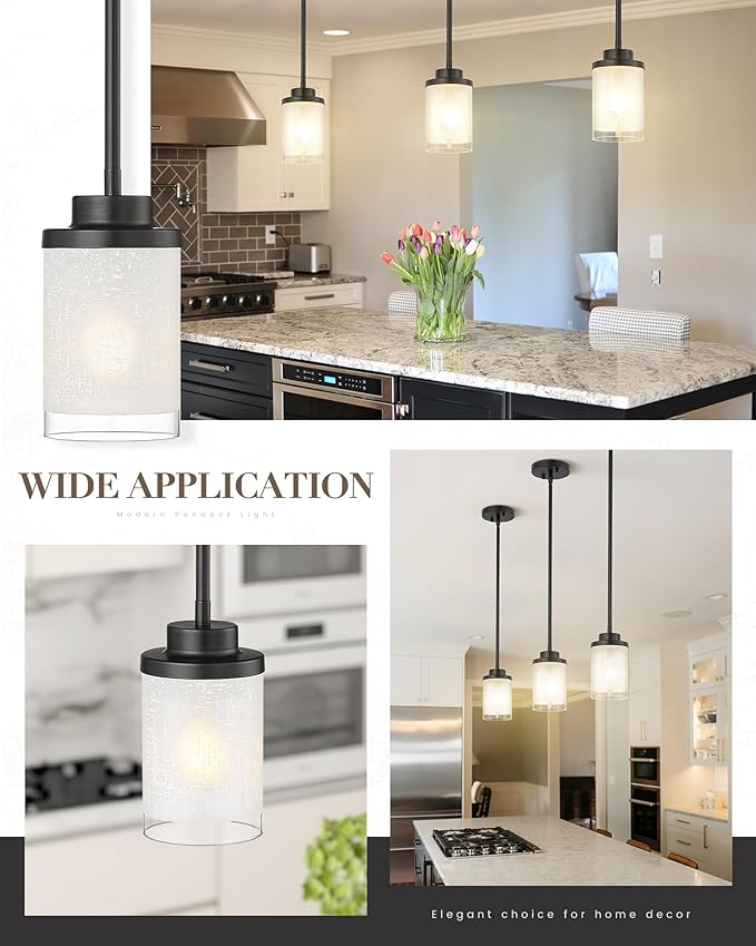 TENGXIN Modern Pendant Light, Matte Black Pendant Lights Kitchen Island,Farmhouse Pendant Lighting for Dining Room Bedroom Bar Office 2Pack,TXPLBK01-2PK