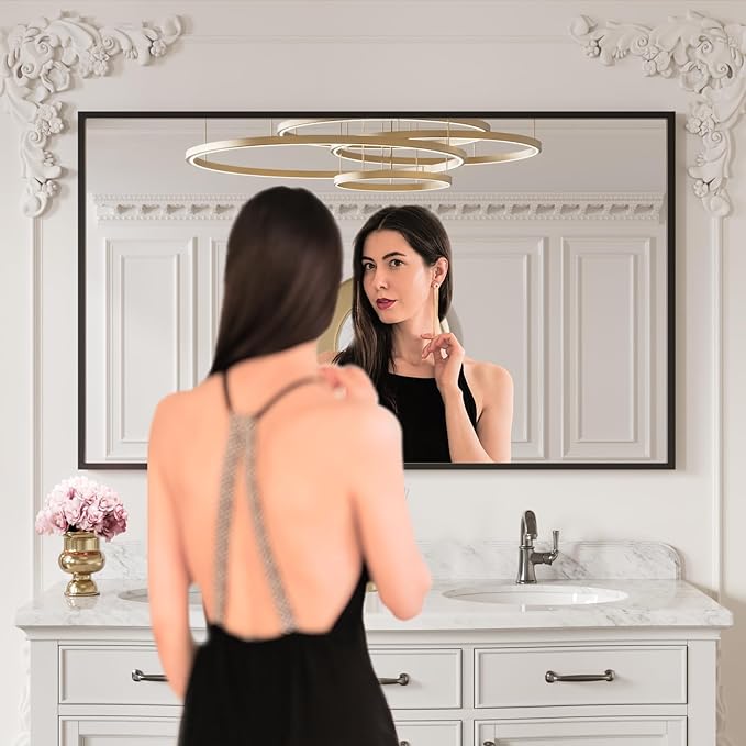 LOAAO 60"X30" Black Rectangle Bathroom Mirror Wall, Matte Black Aluminum Alloy Frame, Tempered Glass, Hangs Vertically or Horizontally, Easy to Install