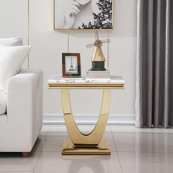 SSLine Modern White Faux Marble End Table Luxury Square Sofa Side Table with Gold U-Shape Base Mid-Century Elegant Bedside Table w/Mirrored Stainless Steel Frame for Living Room Bedroom