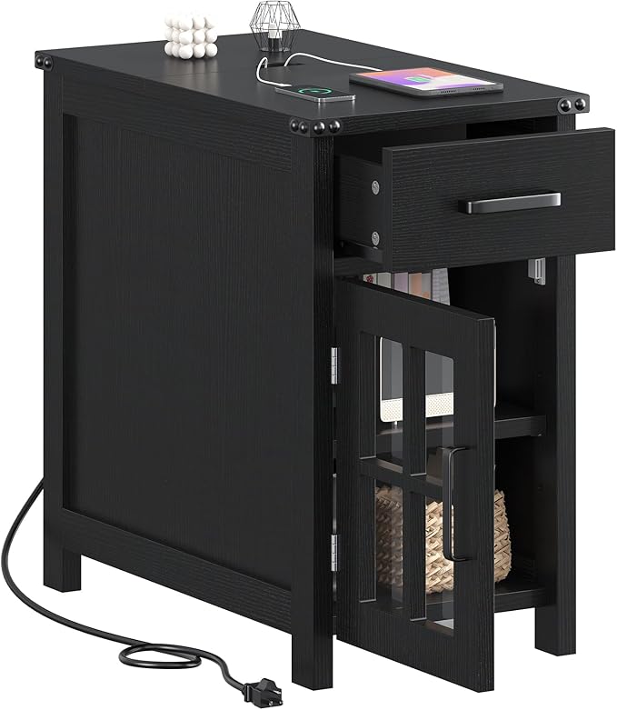 Farmhouse End Table with Charging Station and 1 Storage Cabinet, 1 Drawer, Black Wood Nightstand Narrow, Skinny Side Table, Slim Bedside Table, Small Nightstand for Bedroom, Living Room, Sofa