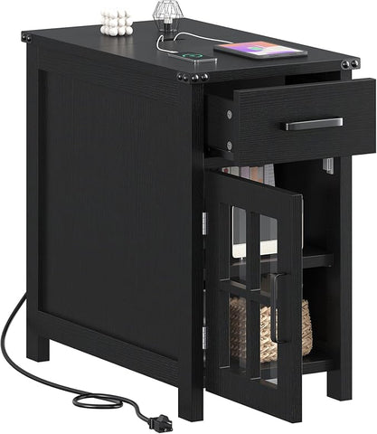 Farmhouse End Table with Charging Station and 1 Storage Cabinet, 1 Drawer, Black Wood Nightstand Narrow, Skinny Side Table, Slim Bedside Table, Small Nightstand for Bedroom, Living Room, Sofa