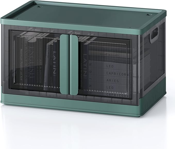 19Gal Collapsible Storage Bins with Lids & Wheels - 1 Pack Stackable with Doors, Heavy-Duty Plastic Containers for Home/Office, Green