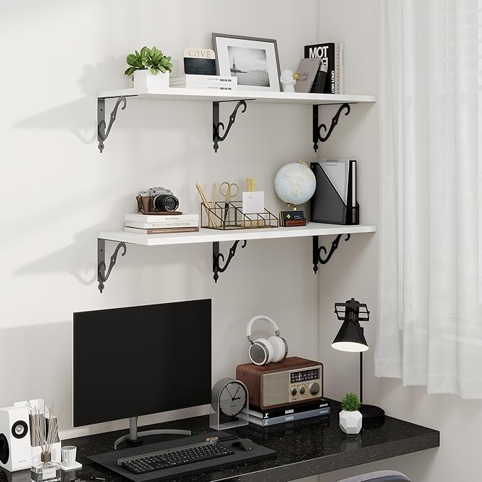 36 Inches Floating Shelves, Rustic Long Wall Shelves, 12 Inch Deep Book Shelf Wall Mounted with Bracket, Wide Display & Storage Shelves for Living Room, Bathroom, Bedroom, White, Set of 2