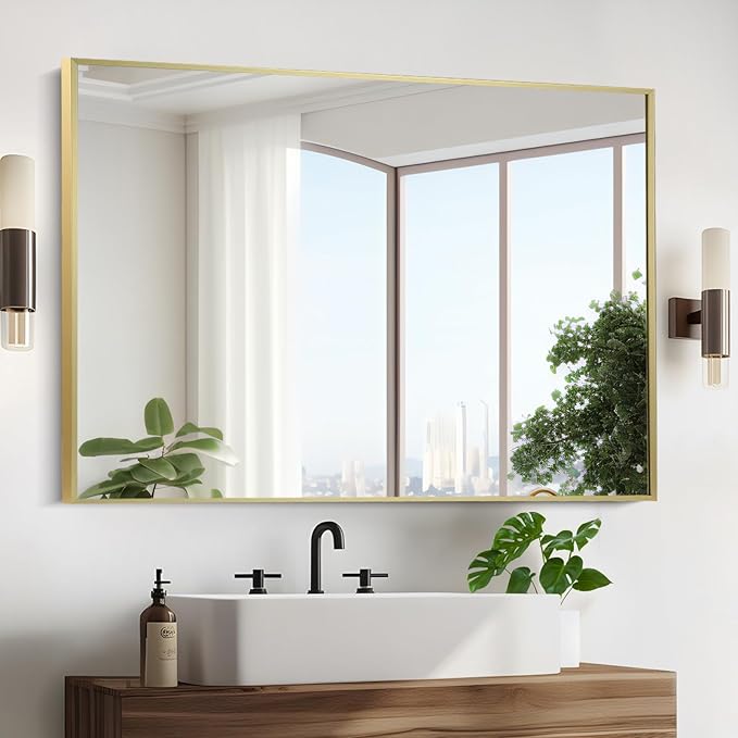Gold Bathroom Mirror, 16"x20" Rectangle Mirror, Brushed Gold Mirror, Metal Frame Square Corner Vanity Mirror, Wall Mounted Mirror for Modern, Living Room, Bedroom, Horizontal Or Vertical