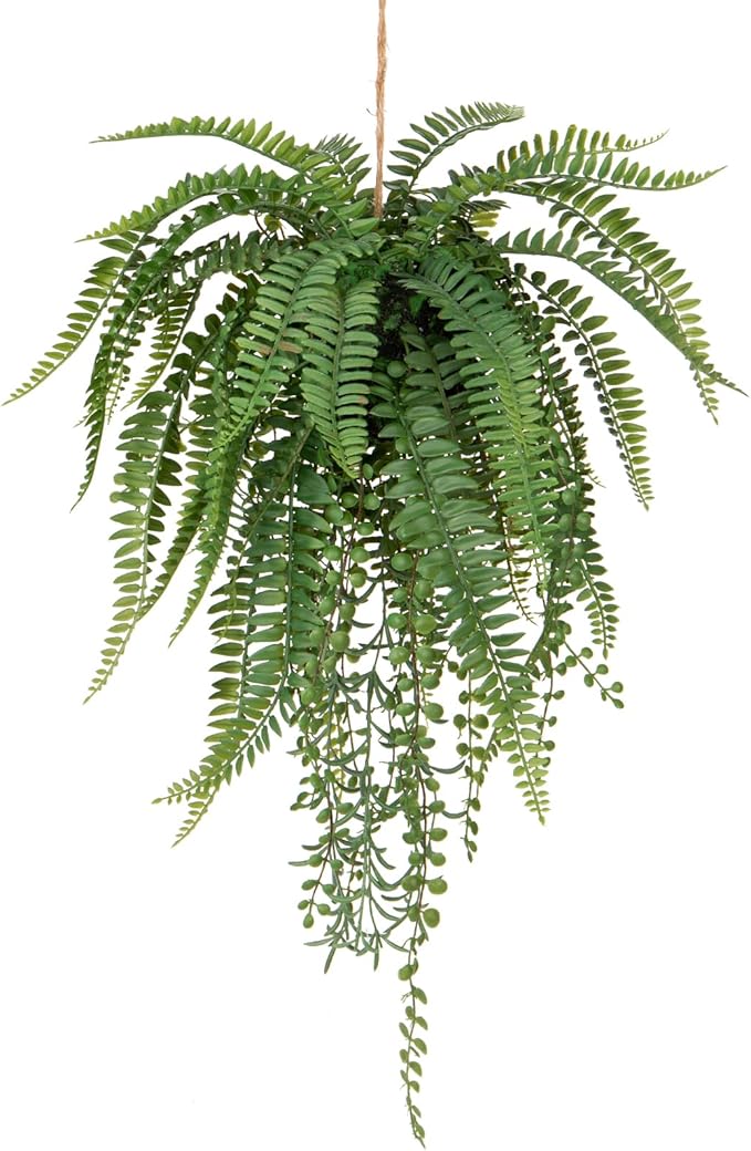 Large Mixed Fern Faux Hanging Plants, Realistic Artificial Plants with Hemp Rope Moss, Indoor for Home Bedroom Bathroom Porch Window Sill Decor, 25.6 Inches Tall, 1 Count