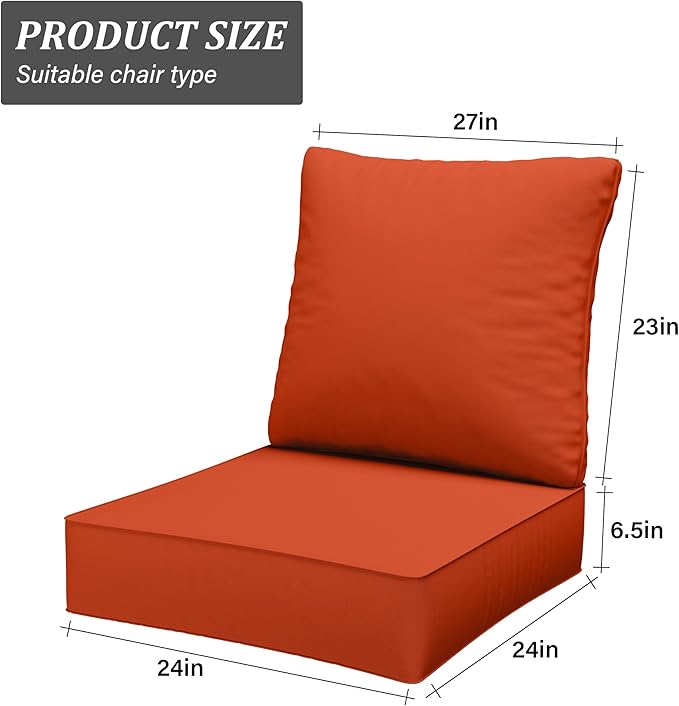 Outdoor Seat Cushion Set 24 x 24 x6.5 Inch Splash-Proof & Fade Resistant Patio Furniture Cushions with Removable Cover Deep Seat & Back Cushion with Straps for Chair Sofa Couch