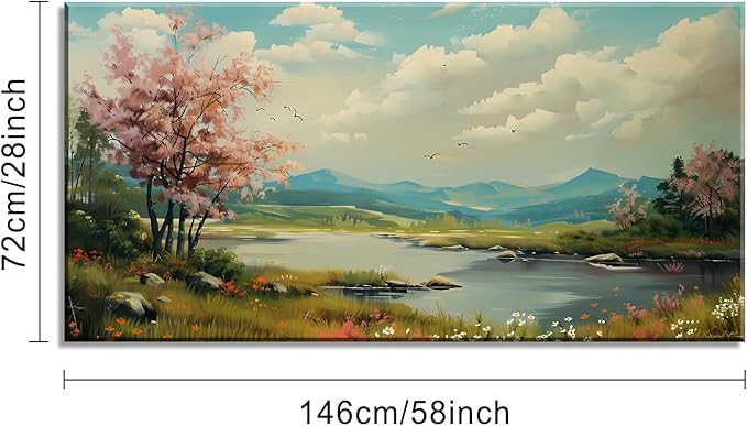 Green Grass and Pink Tree By Riverbank Wall Art Decor Artwork for Bedroom (30x60 Inches)