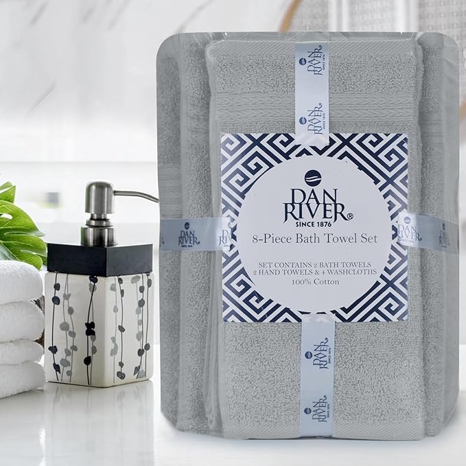 DAN RIVER 8 PC Luxury Bath Towels for Bathroom, 2 Bath, 2 Hand, and 4 Wash Cloths, 600 GSM 100% Ring Spun Cotton Towel Set, Highly Absorbent, Gym, Hotel, and Spa, Silver
