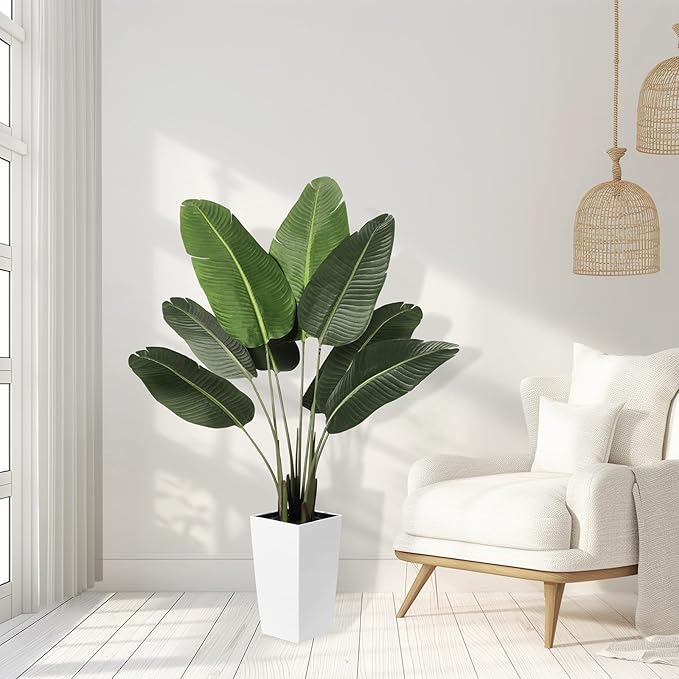 Bird of Paradise Artificial Plant 5ft - Faux Tropical Palm Potted Tree with White Planter - 5 Feet Fake Plants Areca Palm Tree Banana Leaf Plant in Pot for Home Office Decor