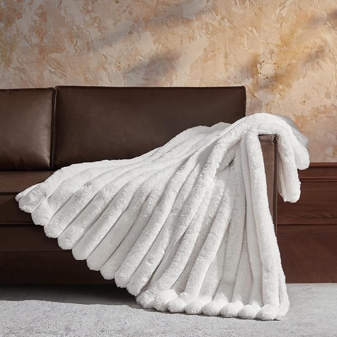 WDCOZY Faux Fur Throw Blanket Striped Super Soft Cozy Fluffy Luxurious Blankets Couch Bed Sofa Chair Home Decor Warm Furry Fall Winter Plush Lightweight Rabbit Fur Bubble Blanket 50" x 60", Ivory