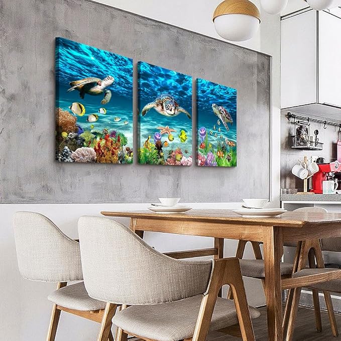 DZRWUBHS Large Canvas Art - Blue Ocean Sea Turtle Wall Painting Set of 3 for Living Room, Bedroom, Modern Office, Bathroom Decor