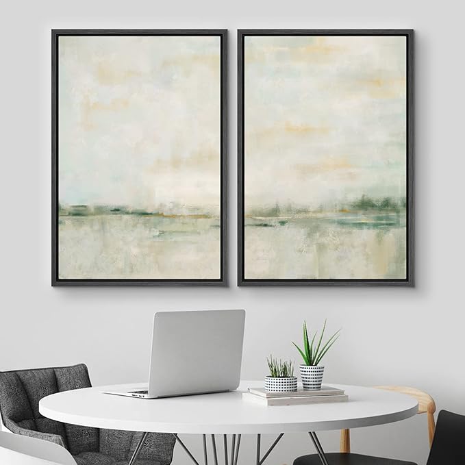 MUDECOR Framed Canvas Print Wall Art Set Watercolor Pastel Green Tan Landscape Abstract Shapes Illustrations Modern Art Decorative Contemporary for Living Room, Bedroom, Office - 16"x24"x2 Black