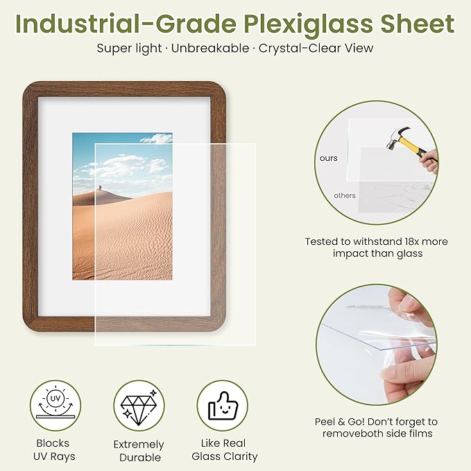 Dreamland 8x10 Round Corner Picture Frame, Solid Oak Photo Frame With Mat For 5x7, Plexiglass Framing Includes Hanging Hardware For Vertical Or Horizontal Wall Frame, Walnut, 3 Pack