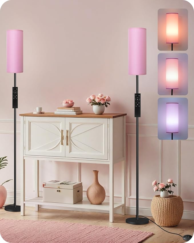 2 Pack Dimmable Pink Floor Lamps for Living Room with 2 Remotes and Foot Switch, Corner Floor Lamp, 66'' Standing Tall Lamp, 10W 900LM Bulb Included, 3000K-6500K, Linen Shade, FCC Listed P06LDP205W1